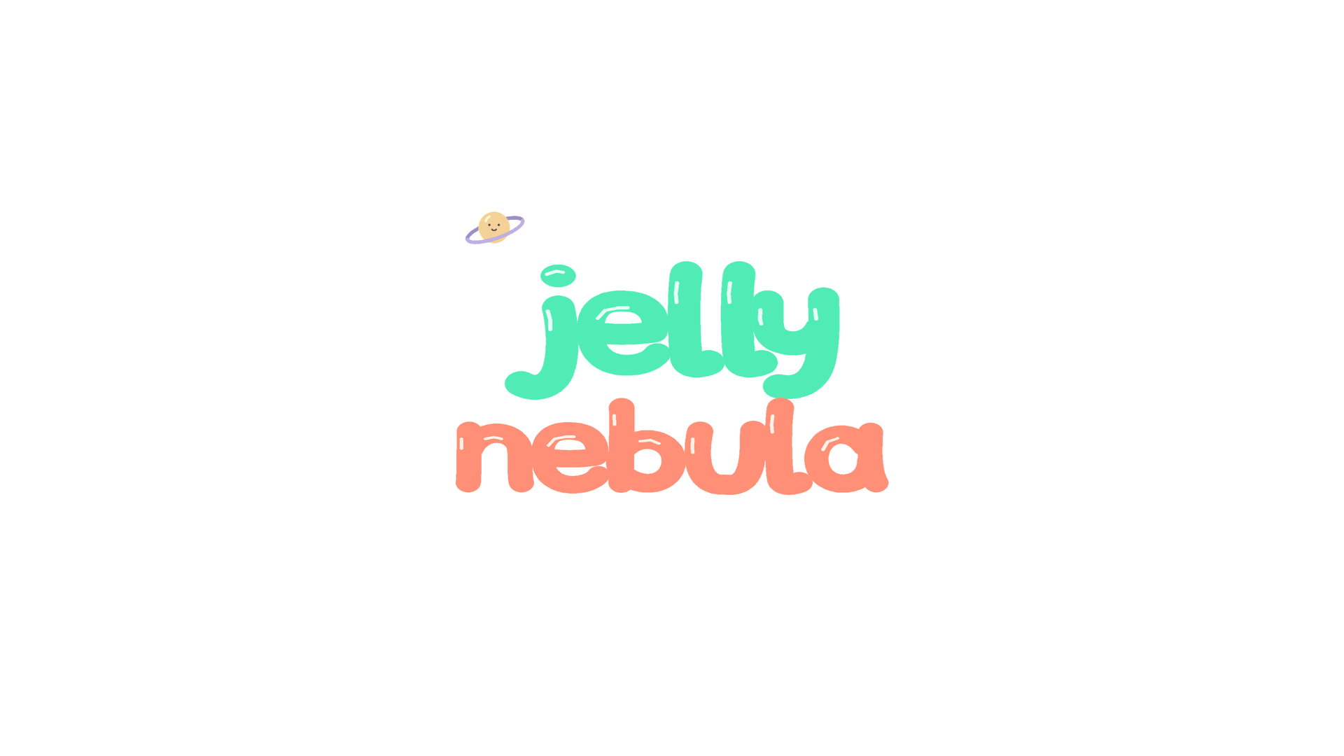 Jelly Nebula in soft mint and peach lettering on white, with a small ringed planet